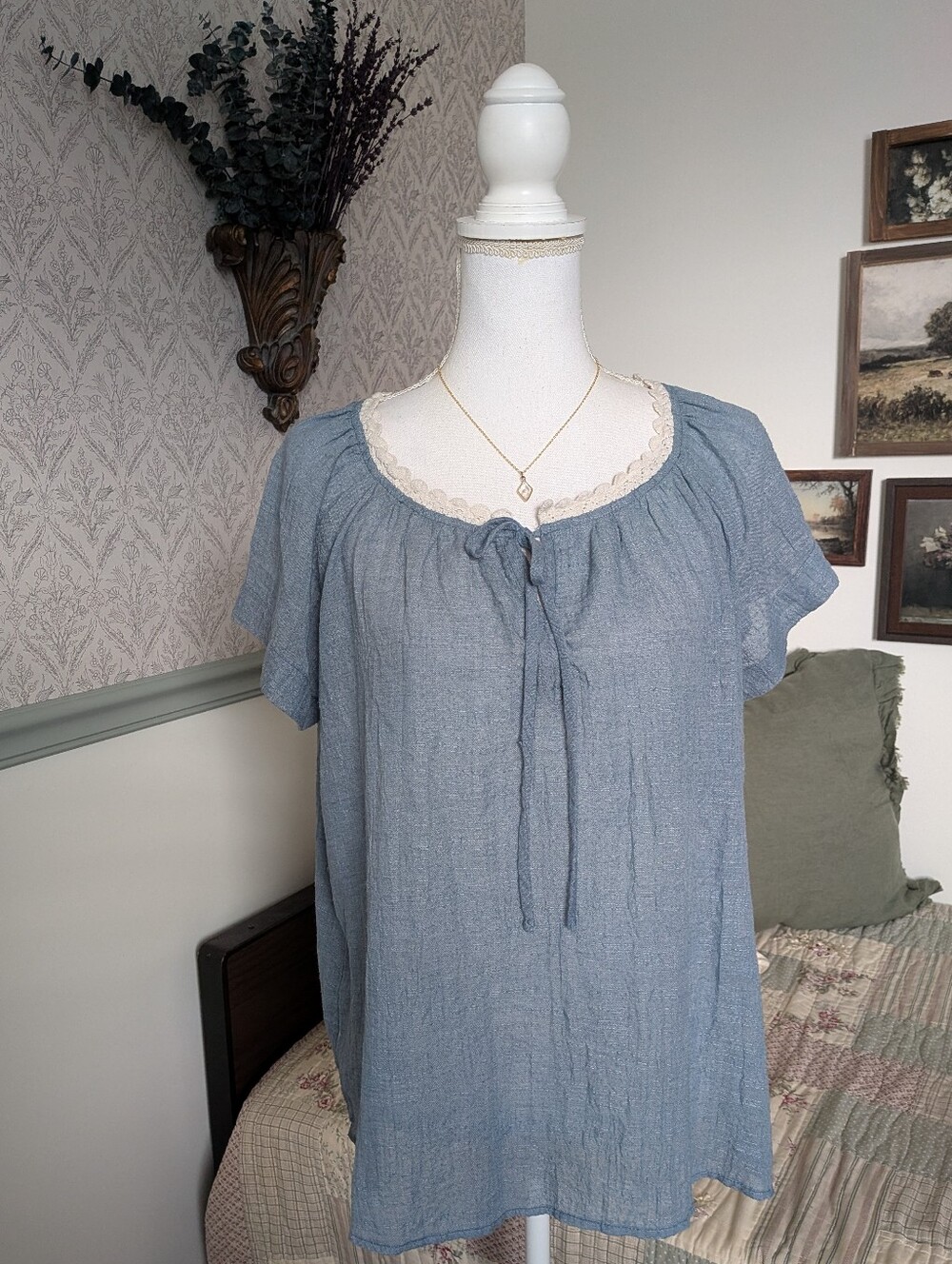 Pants Store Blue 100% Cotton Gauze Tunic Blouse Lace Trim Boho M
